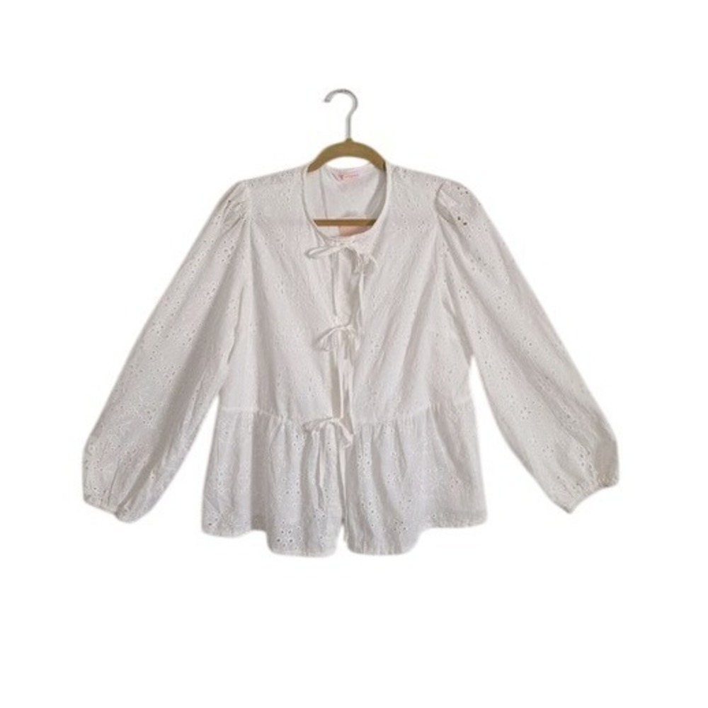 Kirundo Cottage Chic Eyelet Bowtie button Up Long Sleeve Peplum Peasant Blouse